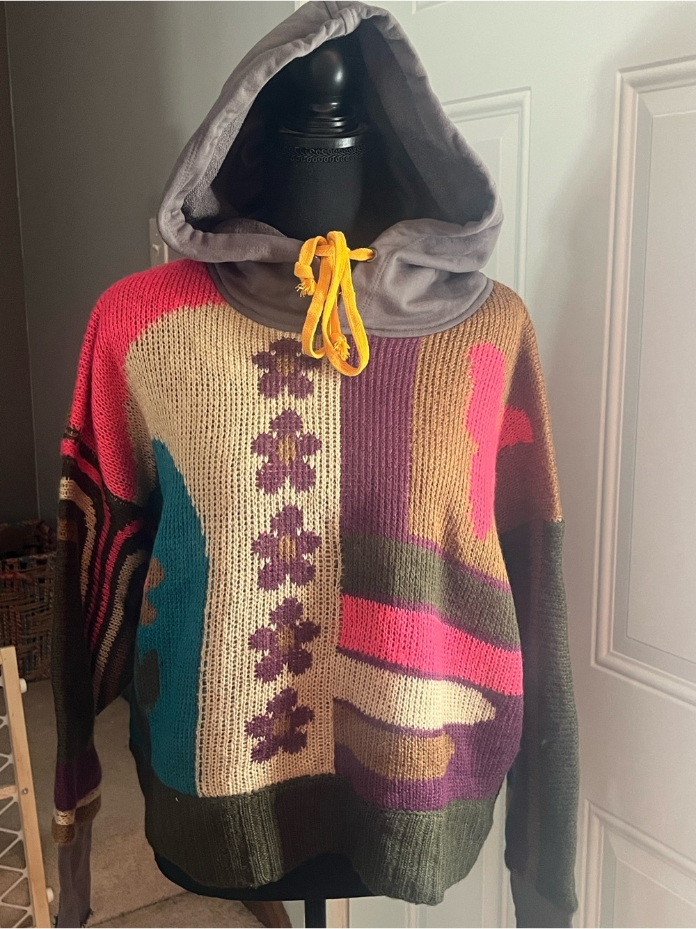 Multicolor Patterned Knit Hoodie Sweater